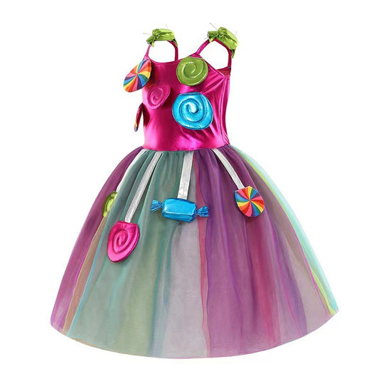 Girls Rainbow Candy Princess Dress with Lollipop Headpiece
