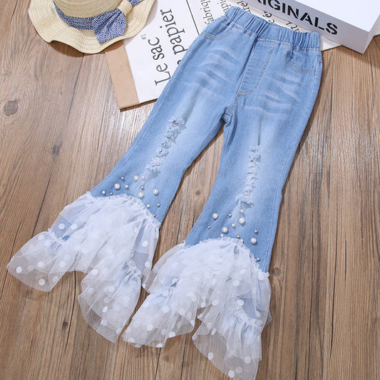 Girls Stretch Flare Denim Pants with Polka Dot Tulle Hem