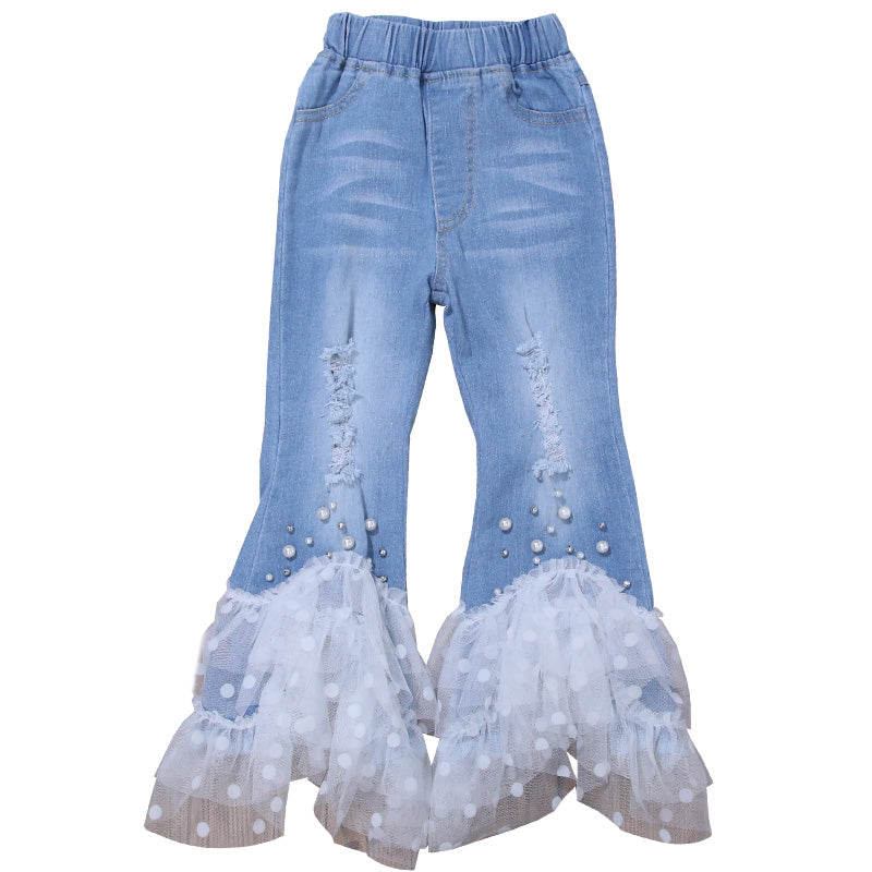 Girls Stretch Flare Denim Pants with Polka Dot Tulle Hem