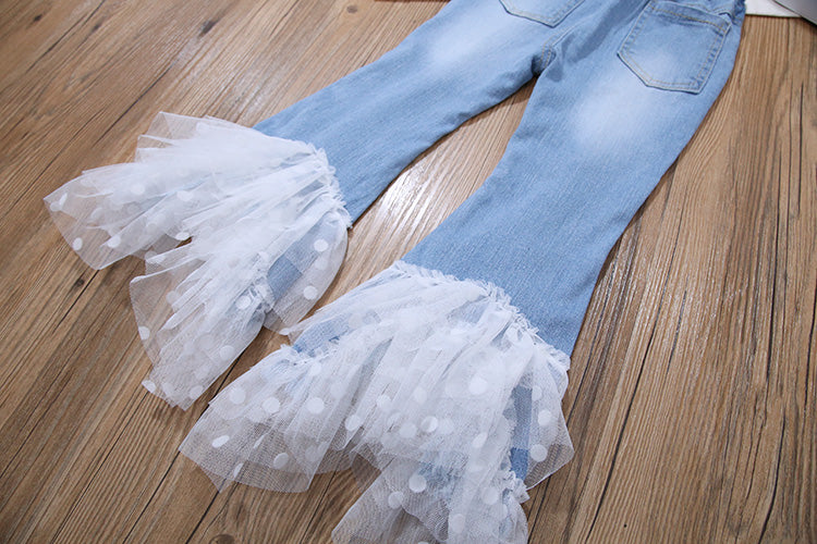 Girls Stretch Flare Denim Pants with Polka Dot Tulle Hem