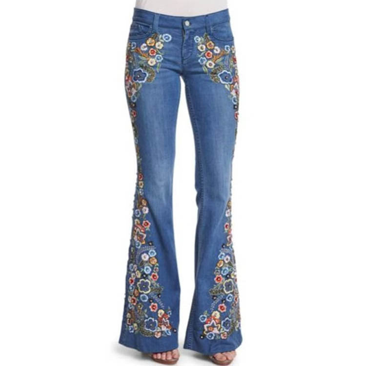 Women’s Embroidered Floral Flare Jeans | Boho Bell Bottom Denim Pants