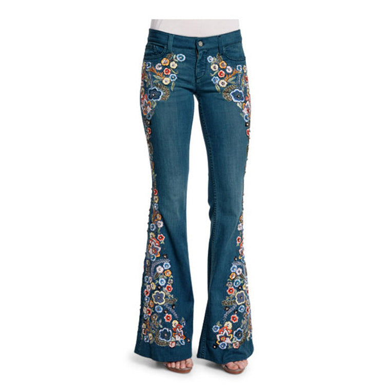 Women’s Embroidered Floral Flare Jeans | Boho Bell Bottom Denim Pants
