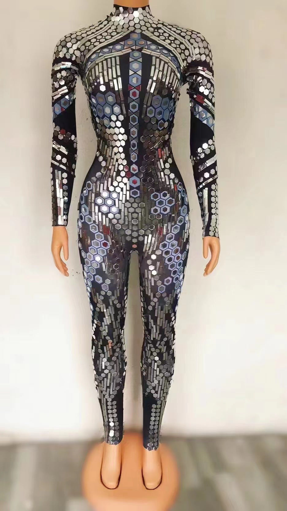 Women’s Silver Sequin Jumpsuit Costume | Stretch Long Sleeve One-Piece