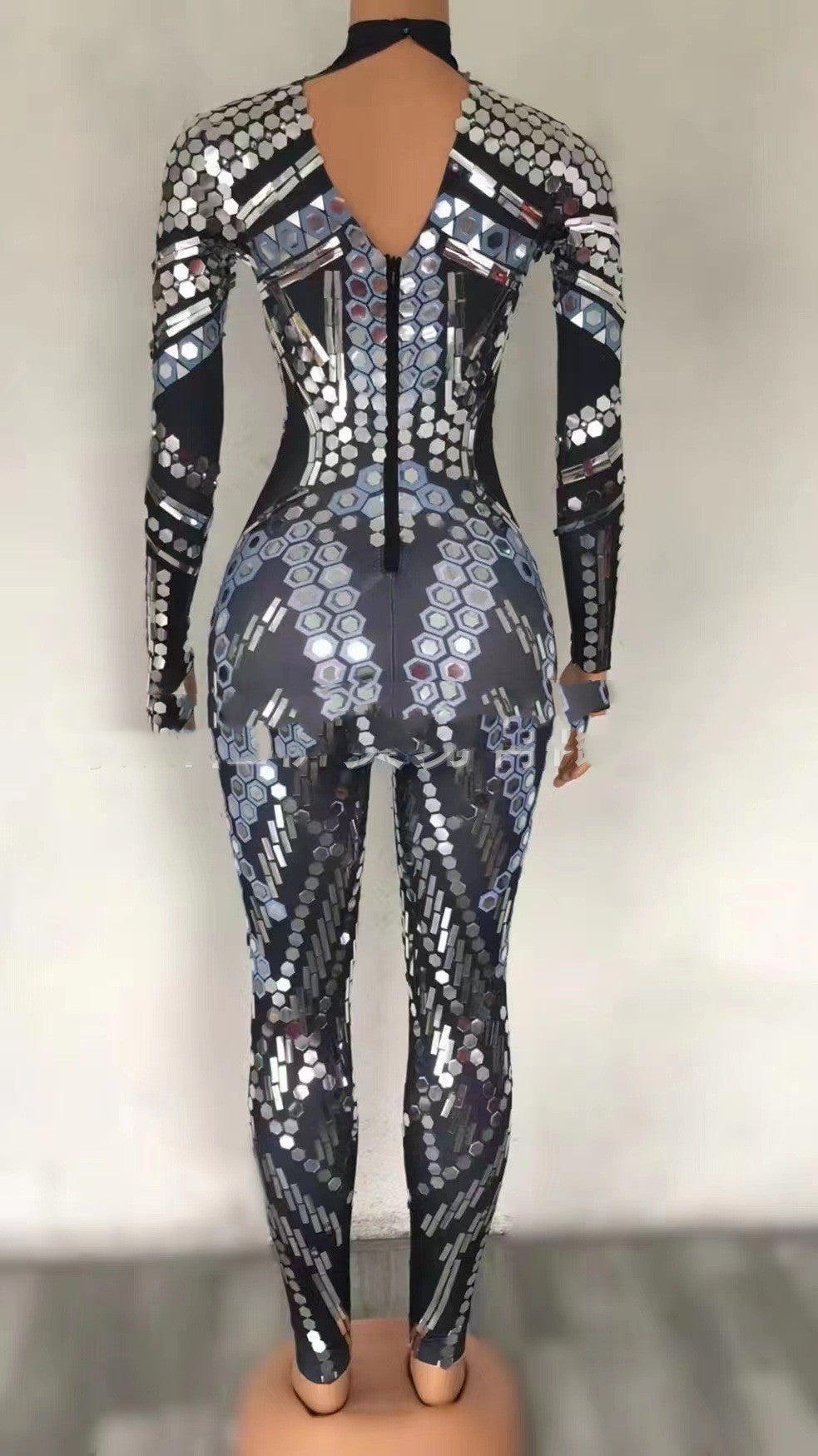 Women’s Silver Sequin Jumpsuit Costume | Stretch Long Sleeve One-Piece