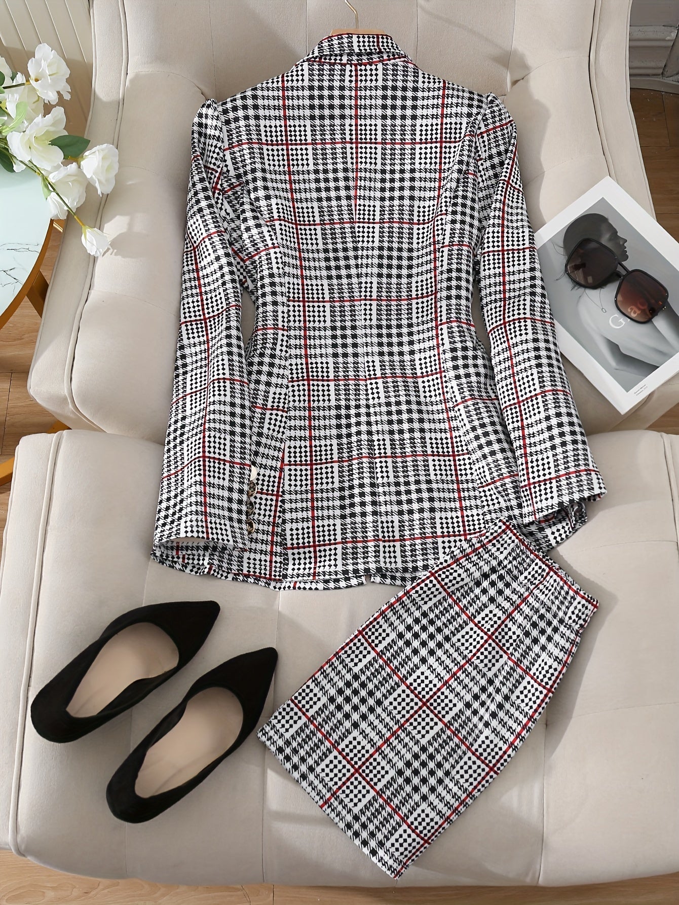 Women’s Plaid Skirt Suit Set | Long Sleeve Blazer & High Waist Mini Skirt