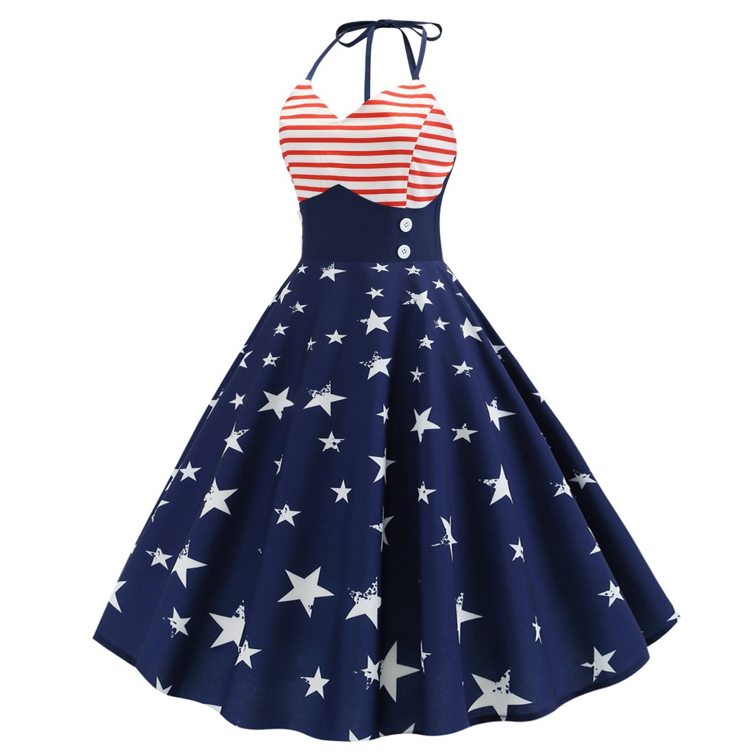 Women’s Retro Patriotic Halter Dress 4th of July Star & Stripe Swing Dress