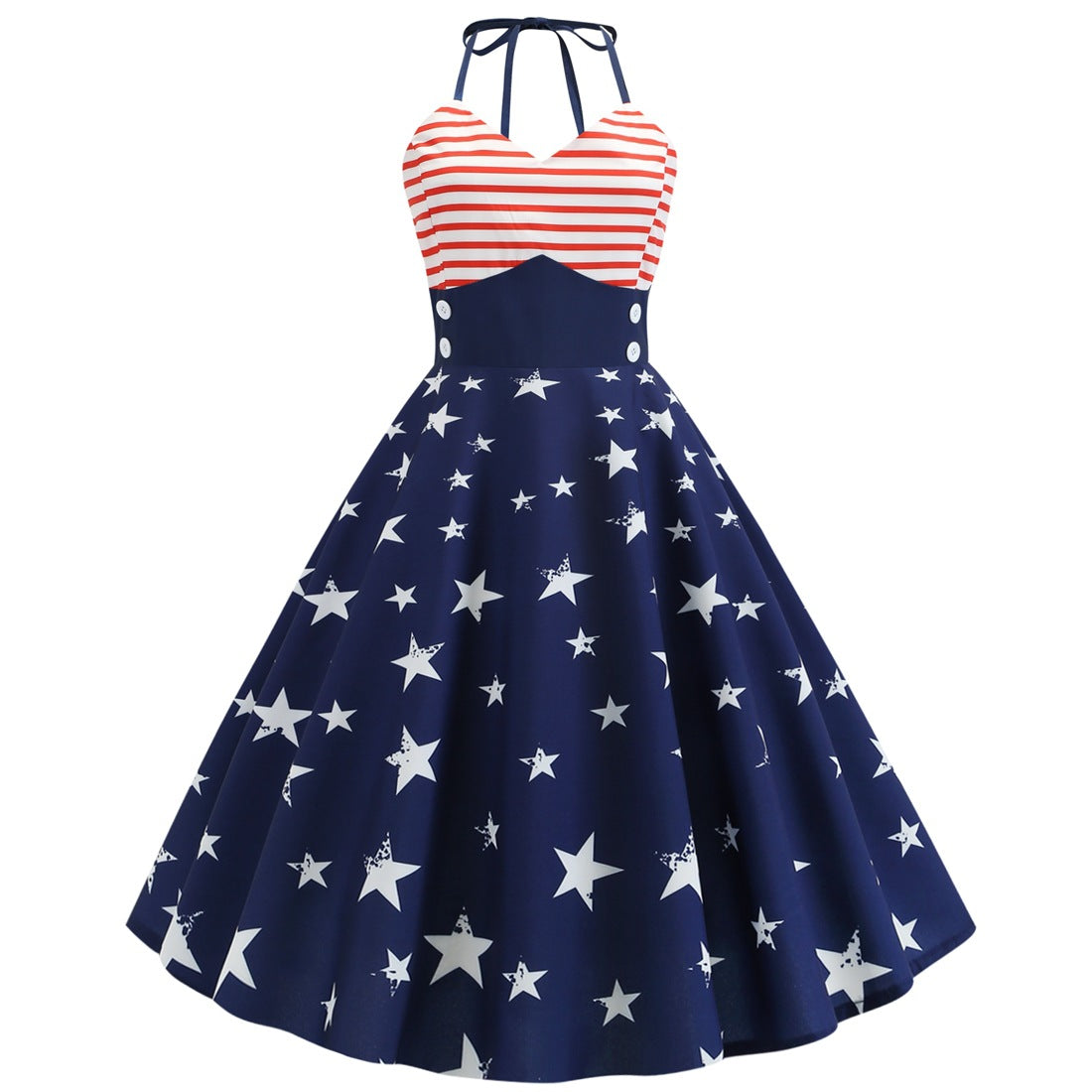 Women’s Retro Patriotic Halter Dress 4th of July Star & Stripe Swing Dress