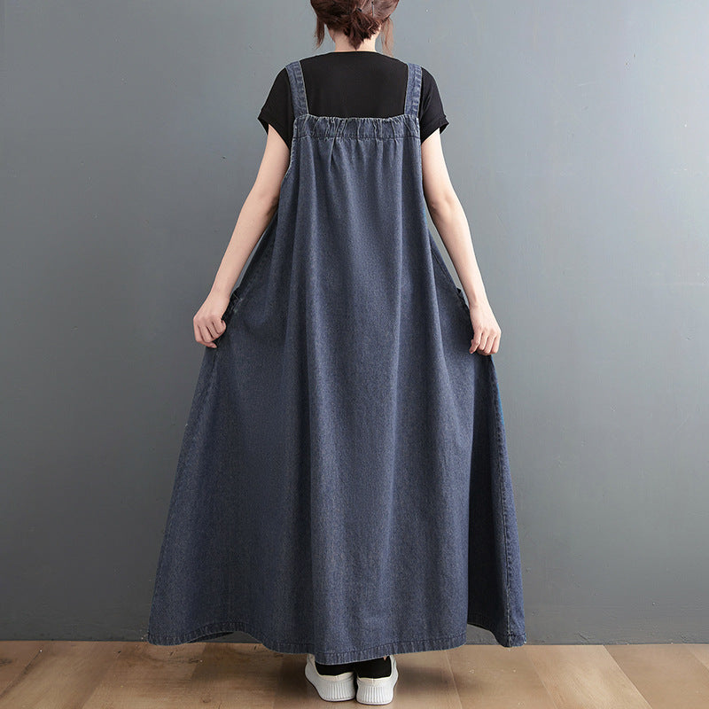 Long Denim Suspender Swing Dress | Loose Cotton Overall Maxi Dress