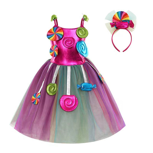 Girls Rainbow Candy Princess Dress with Lollipop Headpiece