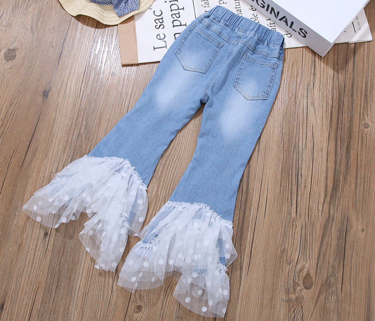 Girls Stretch Flare Denim Pants with Polka Dot Tulle Hem