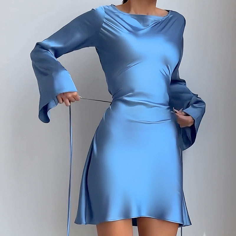 Women’s Bell Sleeve Mini Dress | Long Sleeve Satin Party Dress