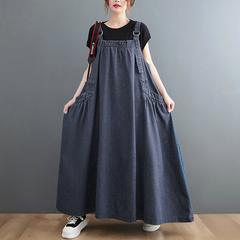 Long Denim Suspender Swing Dress | Loose Cotton Overall Maxi Dress