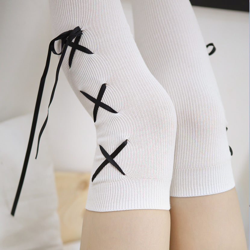 Women’s Black & White Thigh-High Socks with Ribbon Accent
