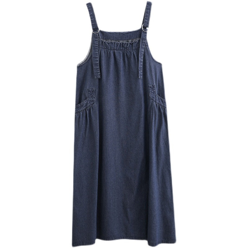 Long Denim Suspender Swing Dress | Loose Cotton Overall Maxi Dress