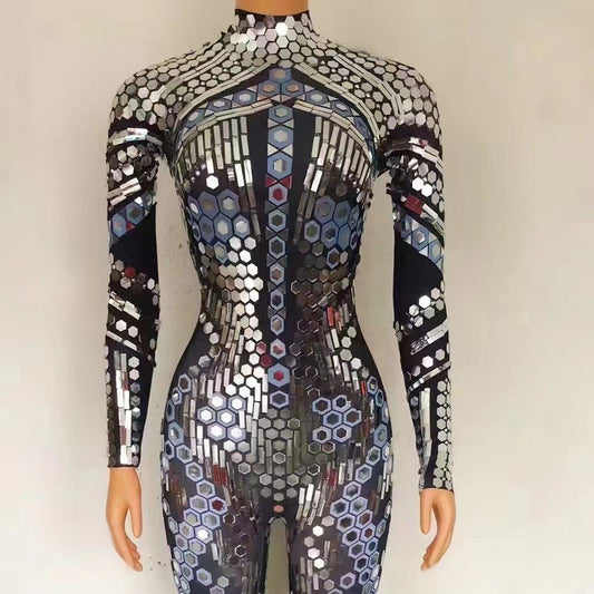 Women’s Silver Sequin Jumpsuit Costume | Stretch Long Sleeve One-Piece