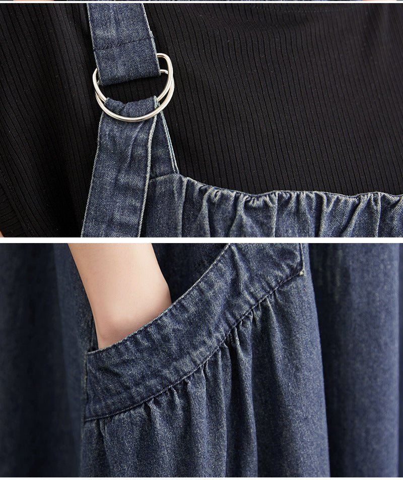 Long Denim Suspender Swing Dress | Loose Cotton Overall Maxi Dress