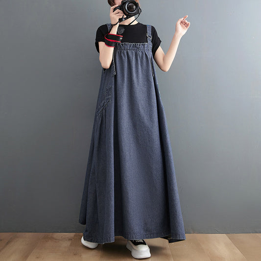 Long Denim Suspender Swing Dress | Loose Cotton Overall Maxi Dress