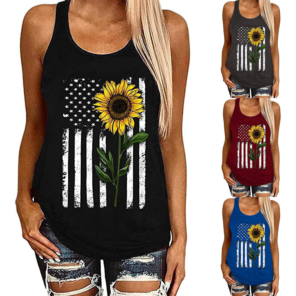 Women’s Patriotic Sunflower Flag Tank Top | Sleeveless 4th of July Shirt