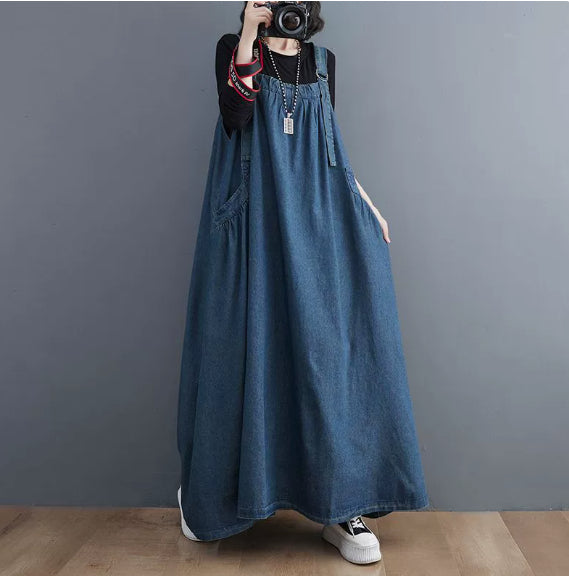 Long Denim Suspender Swing Dress | Loose Cotton Overall Maxi Dress