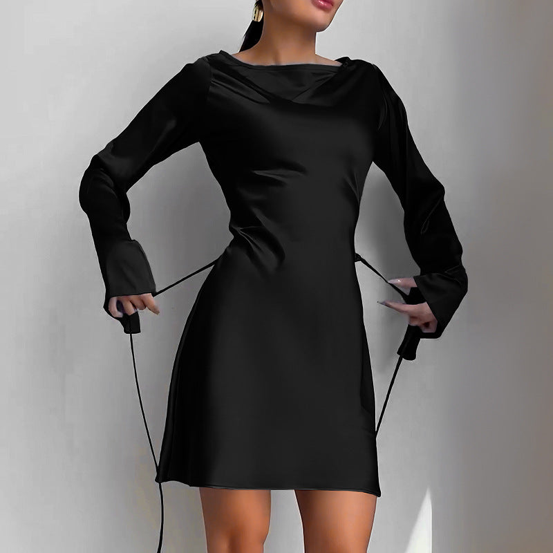 Women’s Bell Sleeve Mini Dress | Long Sleeve Satin Party Dress