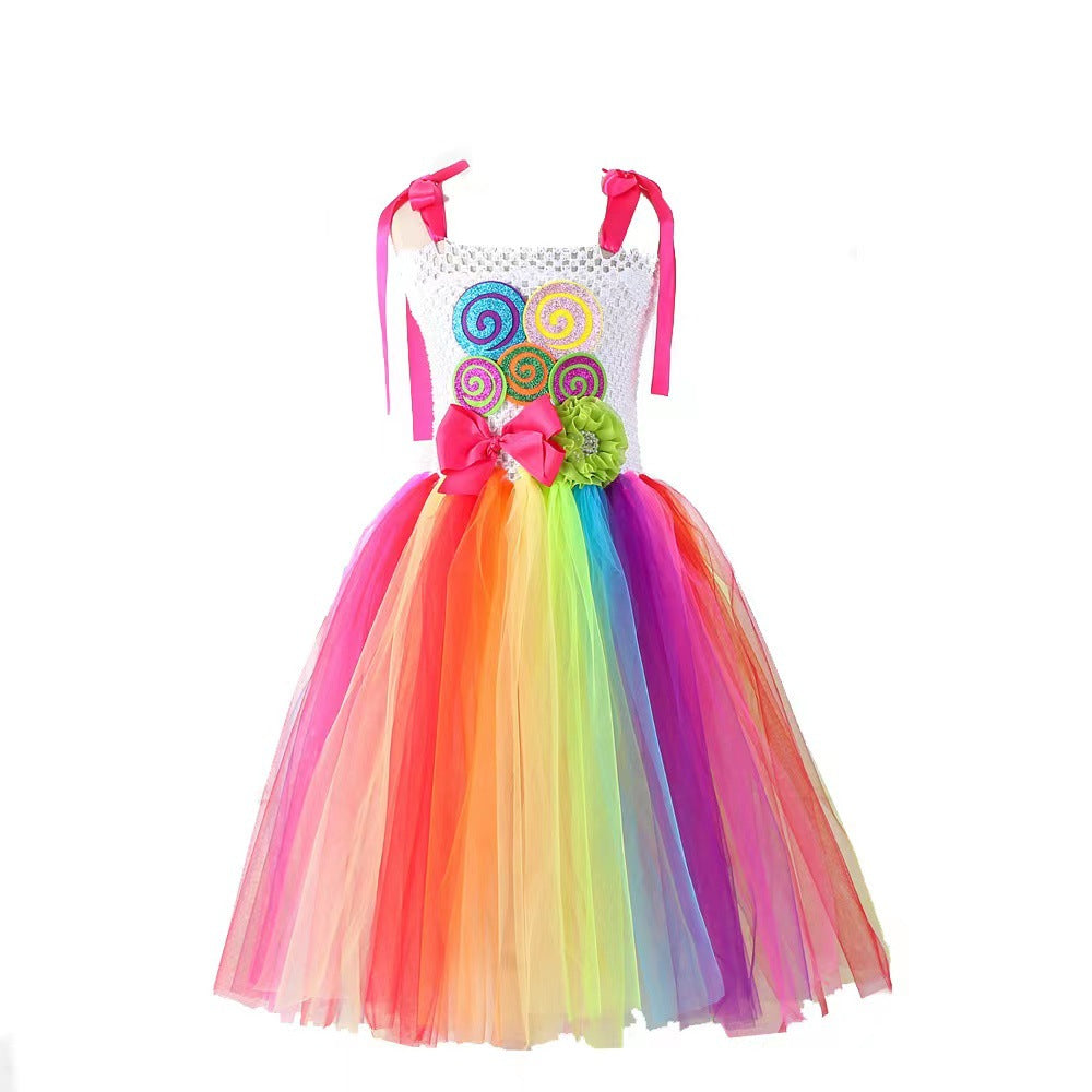 Girls Rainbow Candy Princess Dress with Lollipop Headpiece