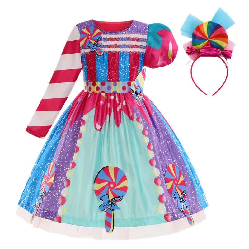 Girls Rainbow Candy Princess Dress with Lollipop Headpiece