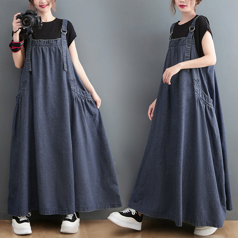 Long Denim Suspender Swing Dress | Loose Cotton Overall Maxi Dress