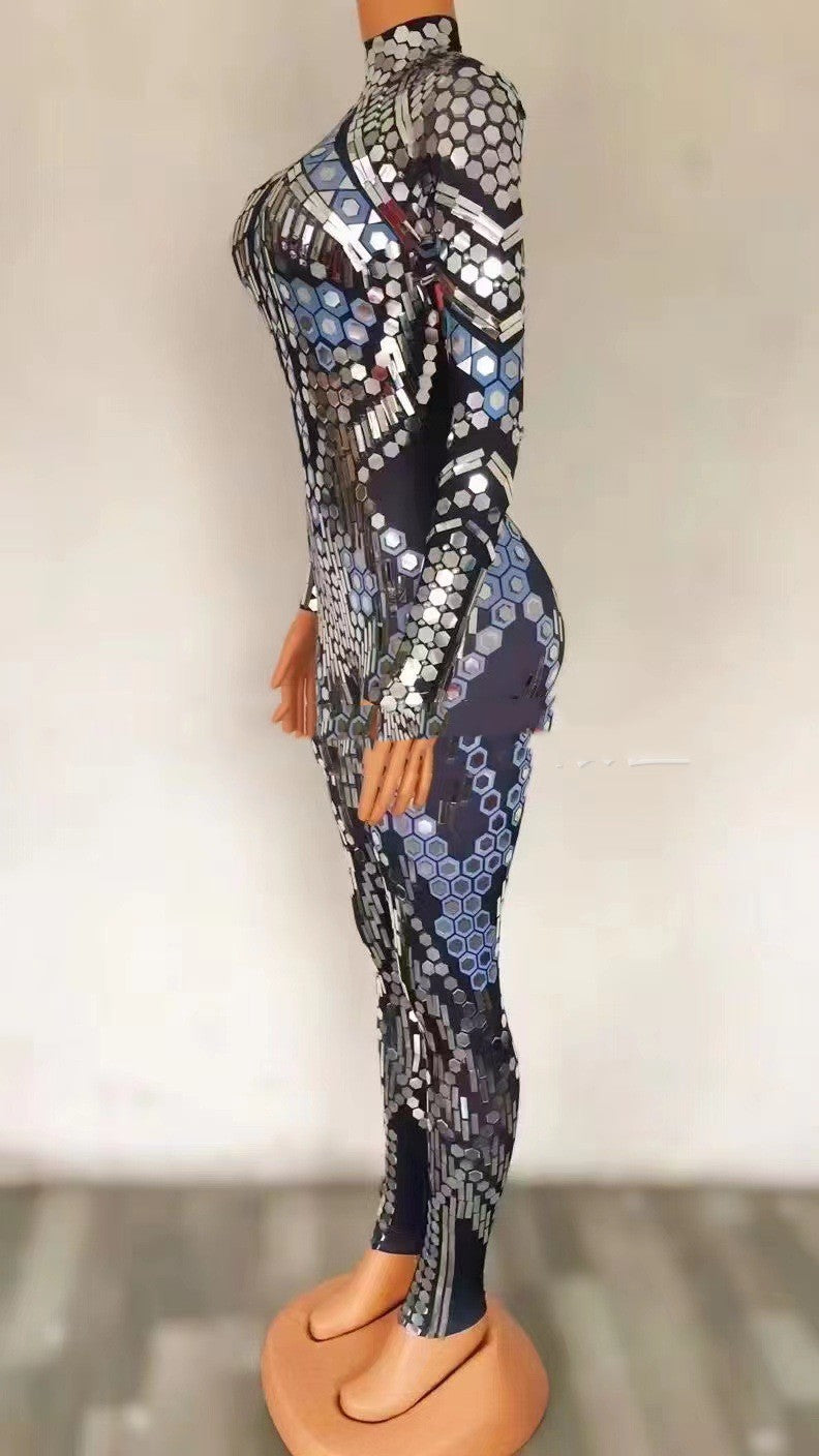 Women’s Silver Sequin Jumpsuit Costume | Stretch Long Sleeve One-Piece