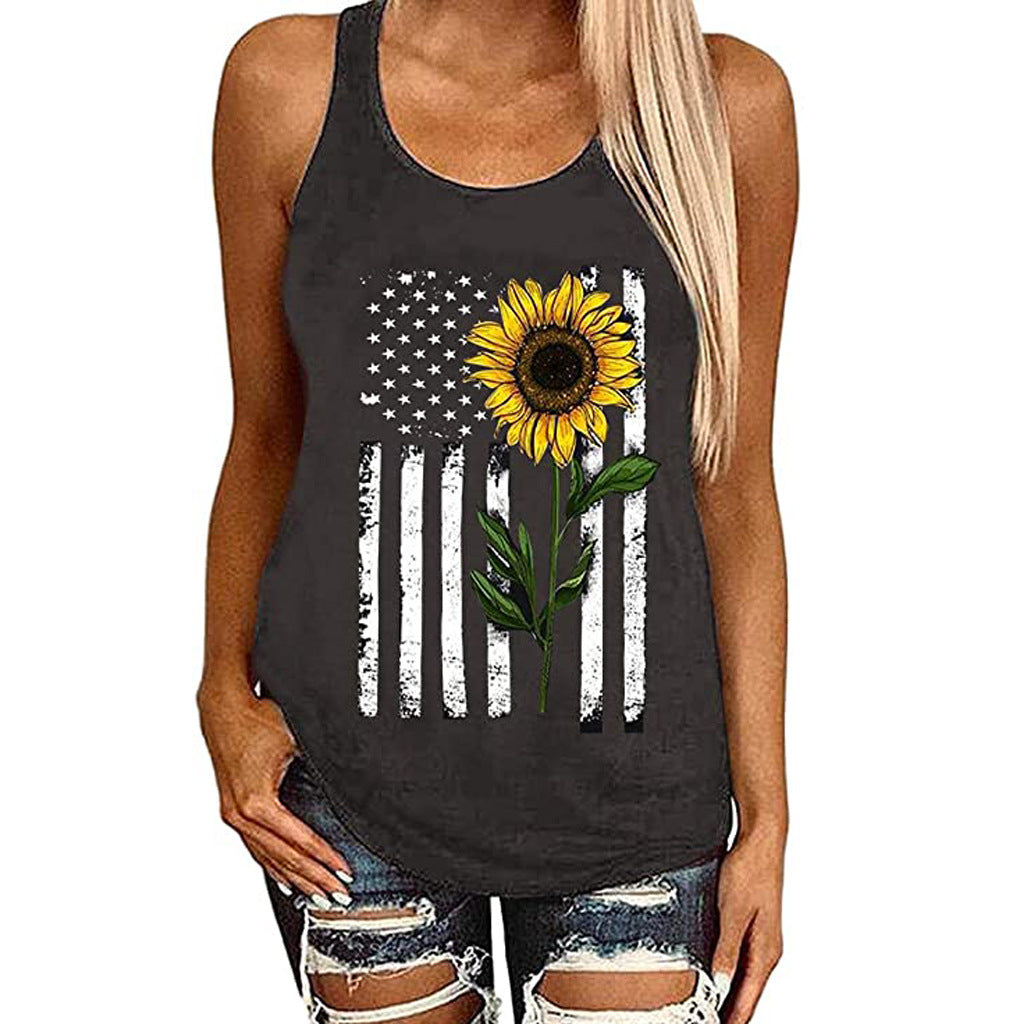Women’s Patriotic Sunflower Flag Tank Top | Sleeveless 4th of July Shirt